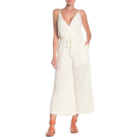 [J.O.A.] White Fringe V Neck Jumpsuit